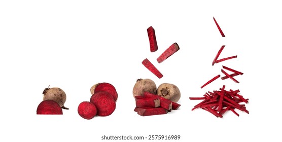 Falling Beetroot Slice Isolated, Flying Red Beets Pieces, Beet Root Sticks, Cuts, Sliced Beetroot Set on White Background