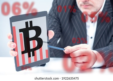 Falling bitcoin. Declining chart of bitcoin rate. Concept trader shows forecast of fall in bitcoin rate. Man demonstrates application for trading cryptocurrencies. Investing in blockchain currencies