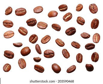 Falling Black Coffee Grain, Bean Isolated On White Background