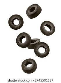 Falling black Olive slice, isolated on white background, clipping path, full depth of field