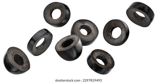 Falling black olive slices isolated on white background - Shutterstock ID 2297819493