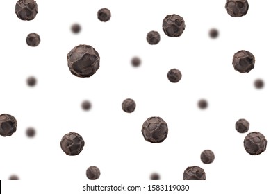 Falling Black Pepper, Peppercorn, Isolated On White Background, Selective Focus