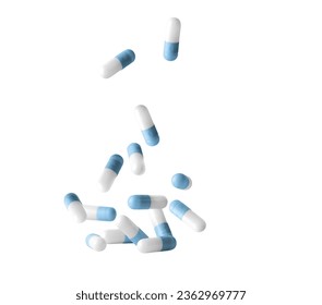 Falling blue medicine pill capsules isolated on white background. Antibiotics