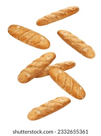 Falling Bread isolated on white background, full depth of field, clipping path