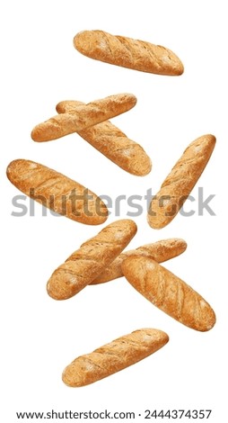 Falling Bread isolated on white background, full depth of field, clipping path
