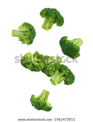 Falling Broccoli isolated on white background, clipping path, full depth of field