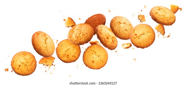 Falling broken chip cookies isolated on white background with clipping path, flying biscuits collection