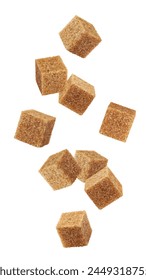 Falling Brown cane sugar cubes isolated on white background, clipping path, full depth of field