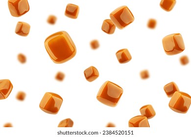 Falling Caramel candy, isolated on white background, selective focus