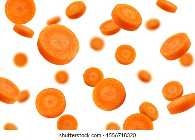 Falling Carrot slice isolated on white background, selective focus