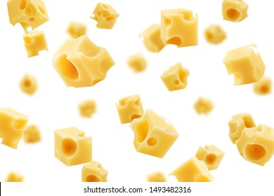 Falling cheese cube, isolated on white background, selective focus