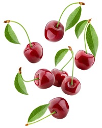 Falling Cherry, Clipping Path, Isolated On White Background, Full Depth Of Field