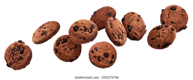 Falling chocolate chip cookies isolated on white background with clipping path, flying biscuits