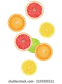 Falling citrus slice, grapefruit, orange, lemon, lime, isolated on white background, clipping path