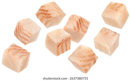 Falling cod fish fillet cubes isolated on white background