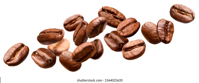 Falling coffee beans isolated on white background with clipping path - Shutterstock ID 1564025635