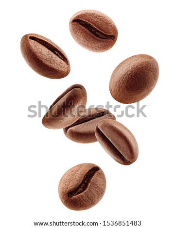 Falling coffee beans isolated on white background, clipping path, full depth of field