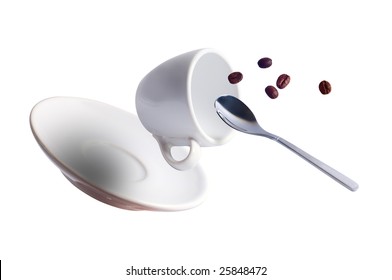 Falling Coffee Cup With Spoon, Saucer And Some Beans