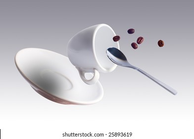 Falling Coffee Cup With Spoon, Saucer And Some Beans