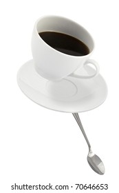 Falling Coffee Cup With Spoon And Saucer,  Isolated On White Background