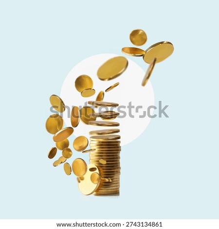 Falling coins form a  coin stack isolated on blue background. Save money, build finances, build wealth. Poster with copy space.