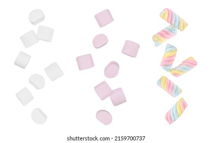 Falling of colorful candy marshmallows isolated on white background.