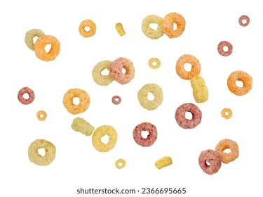 Falling colorful corn rings isolated on white background with clipping path.