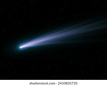 Falling comet. Glowing tail of a comet. Astronomical object. Bright celestial body.