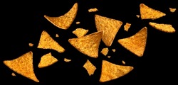Falling Corn Chips, Hot Mexican Nachos Isolated On Black Background