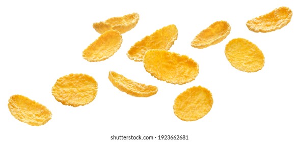 Falling corn flakes isolated on white background with clipping path
