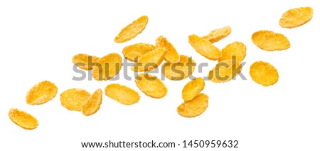 Falling corn flakes. Traditional dry breakfast cereal isolated, flying cornflakes on white background, with clipping path