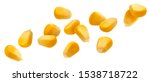 Falling corn seeds isolated on white background with clipping path, collection of raw yellow corn grains