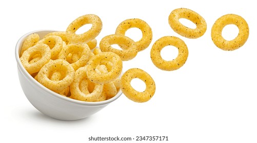 Falling crispy onion rings isolated on white background