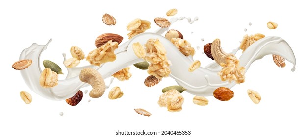 Falling Crunchy Muesli Breakfast, Oat Granola With Milk Splash Isolated On White Background