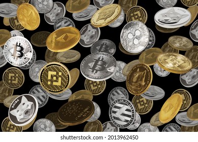 Falling cryptocurrencies (bitcoins, dogecoins, shiba coins, binance coins and other) over black background
