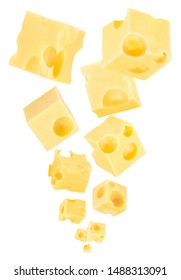 Falling Cubes Of Cheese Isolated On White