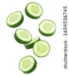 Falling cucumber slice isolated on white background, clipping path, full depth of field