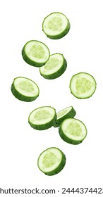 Falling cucumber slice isolated on white background, clipping path, full depth of field