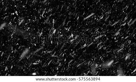 Falling down real snowflakes, heavy snow, snowstorm weather, shot on black background, matte, wide angle, isolated, perfect for digital composition, post-production.