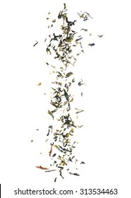 Falling Dried Green Tea Leaves Isolated On White Background.