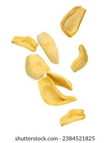 Falling dried jackfruit fruit isolated on white background. dried jackfruit fall. With clipping path.