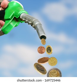 Falling Euro Coins From Gasoline Gun