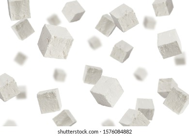 Falling Feta, Greek Cheese Cubes, Isolated On White Background, Selective Focus