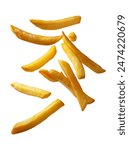 falling french fries, potato fry isolated on white background, clipping path, full depth of field