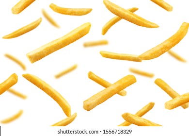 Falling french fries, potato fry isolated on white background, selective focus