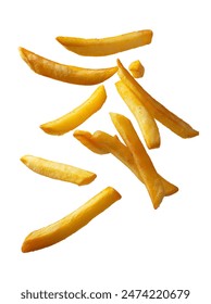 falling french fries, potato fry isolated on white background, clipping path, full depth of field