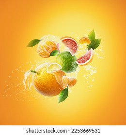 Falling fresh citrus fruits, grapefruit, lime, tangerine, mint and splashing water on orange background, cut fresh fruits - Powered by Shutterstock