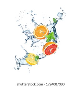 Falling Fresh Citrus Fruits, Ice Cubes, Mint And Splashing Water On White Background