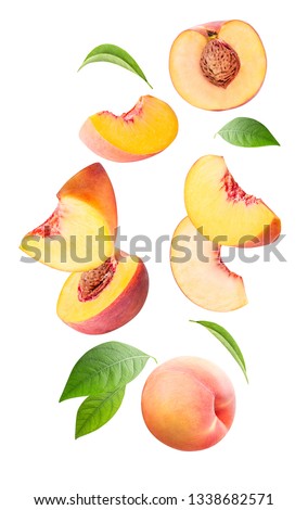 Falling fresh peach isolated on white background