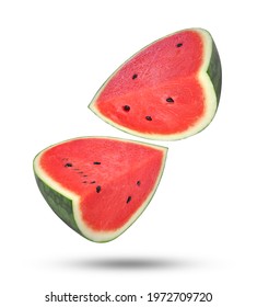 Falling fresh sliced of watermelon isolated on white background.